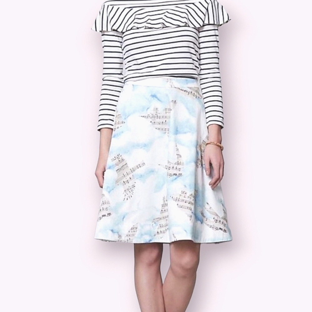 MAEVE | Women's blue and tan songbird cloud print A-line circle skirt.